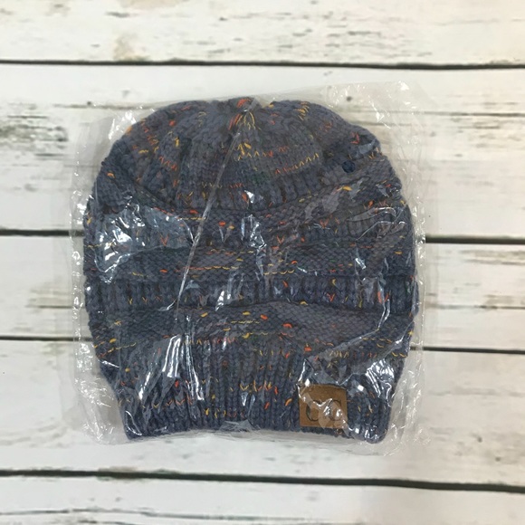 CC Soft Knit Speckled Dark Blue Ponytail Beanie - Picture 5 of 5